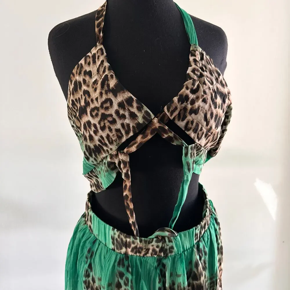 Leopard Green Sexy Dress Sheer Beach Miami Glamaker Size Large NEW WITH TAGS